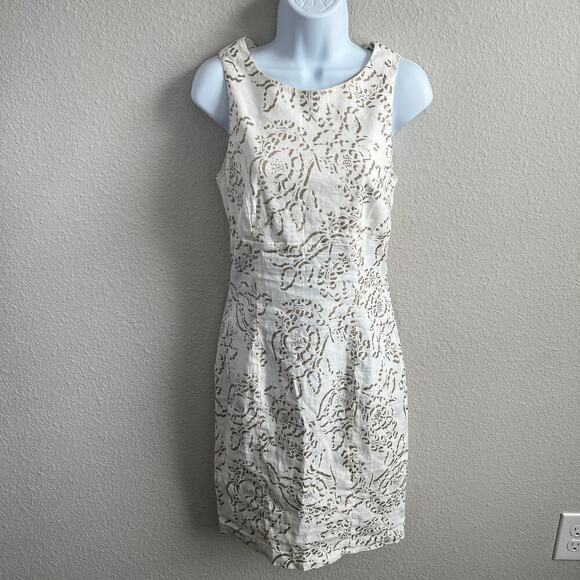 120% Lino Linen Blend White Floral Glitter Dress Women's 40 US 4 Sheath Modest - Picture 1 of 7